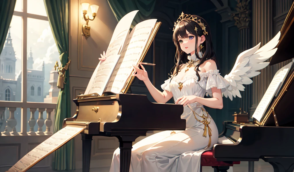 ((Highest quality)), ((masterpiece)), (detailed), Beautiful and cute angel,,Playing the piano,Fantasy、beautiful,Five fingers