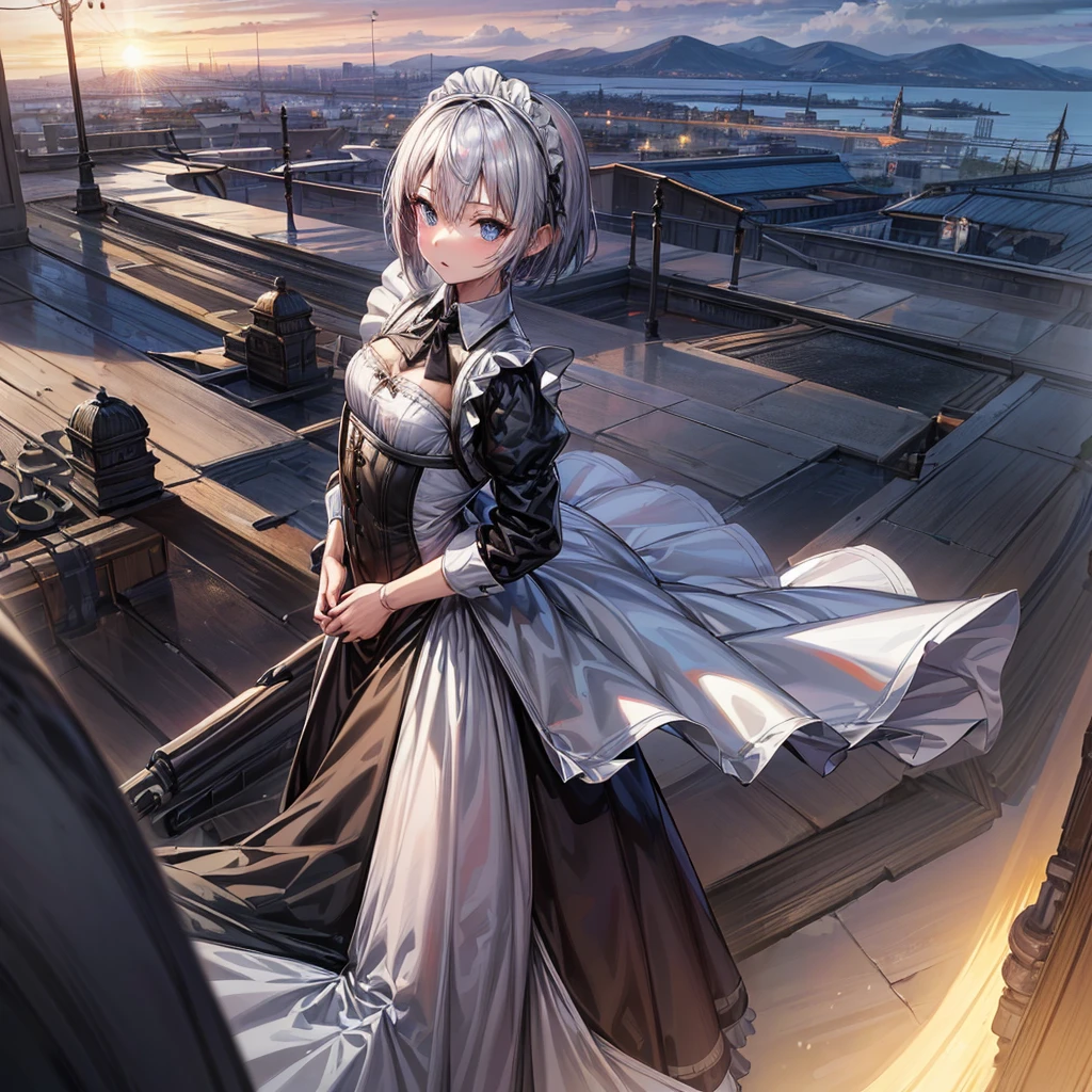 Illustration of one person, Dengeki Bunko, Woman Looking Back, Perfect Human Medicine, Woman keeps falling, {{{{{Maid clothes}}}}},Small Tits,anime, Two legs, Cool,{{{{{50 year old woman}}}}} ,{{{{{a person is depicted}}}}},(Official Art、{{{{{Upper Bodyアングル}}}}},Highest quality、Unity 8k wallpaper、32k、masterpiece、Ultra-detailed、Ultra-high resolution, Realistic、Grab your hair with your hands, Photorealistic:1.2)、(Cinema Lighting:1.2)、,Fire Glow Effect、The most grainy shadows on the film、Rim Light、Side light、Side Shot、(Ultra-detailedで複雑な3Dレンダリング)、Very short hair, Short wolf hair,細部までBeautiful Faceと目、Sharp pupils、Realistic生徒、Slender、Highly detailed background、Beautiful Face、Beautiful 16 year old girl、(Ultra-detailedなスキン、Detailed skin texture:1.Silver Hair:1.3)、Blunt bangs、blue eyes、{{{{{黒いMaid clothes}}}}}、White apron costume、Black knee socks、(Thighs Thighs Thighs Thighs:0.8)、Black Bhutanese sticks and a beautiful sunset、Medieval castle、Dancing on the Tower Roof、(avert your eyes、Overlooking the city:1.3)、Fantastic、Close your mouth and bite, Makes your face smaller, (Tabletop), Highest quality, Perfect Face, 1 Girl, alone, Eye color is light blue, Hair between the eyes, Very Short Hair, blue eyes, Silver Hair, Knee-high boots, corset,Black gloves, Long sleeve, Upper Body,