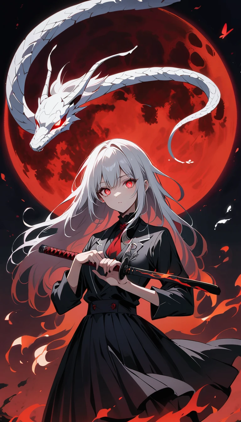 Blurred outline of existence, bright white eyes, ,Blurred outline of existence, Fully white glowing eyes,,White flowers on eyes,Fire butterflys,Anime style,1 girl,Silver long hair,White spots on eyes,Black pleated skirt,Samurai sword in hand,Elegant Posture、Red Moon、dark purple tones,Elegant and atmospheric。,(((Fluorescent snake bones)))