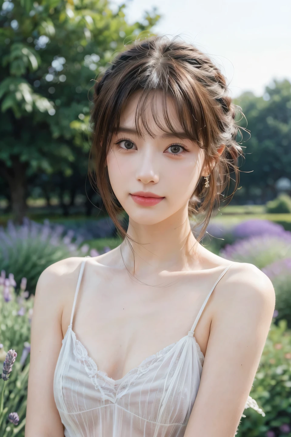 1girl, (looking at viewer:1.2), detail face, (a girl standing, rending on cgsociety, Lavender garden backdrop), romanticism, atmospheric, (RAW photo, best quality), (realistic, photo-realistic:1.3), masterpiece, an extremely delicate and beautiful, extremely detailed, D cup,Cleavage,Translucent brown tube top1.5)Hair in a bun,Small and delicate earrings,Exquisite eye details,Charming smile 1.5
