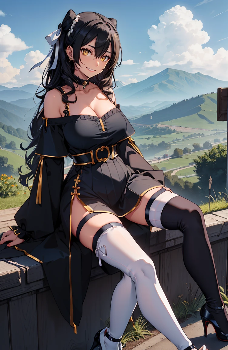 (masterpiece:1.2), (high quality:1.2), hui xiyi, rekkyo sensen, rekkyou sensen, (full body:1.45), solo focus, girls with((black hair, tits cleavage, exposed breasts, breasts close up, dress, (blue clothes:1.3), ribbon belt, off-shoulder sleeves, long sleeves, off shoulder jacket, frills shirt, frills camisole, straps, (ribbon tie, rosary choker, golden rosary, cross:1.05), (heels, black shoes, exposed legs, exposed foots, left thighhigh, white thighhigh:1.7), (long wavy hair, one side up:1.4))), background with ((architecture, blue sky, building, bush, castle, village, no humans, cloud, cloudy sky, day, fence, field, garden, grass, hill, house, lamppost, landscape, mountain, mountainous horizon, nature, no humans, outdoors, scenery, shrine, sky, tower))