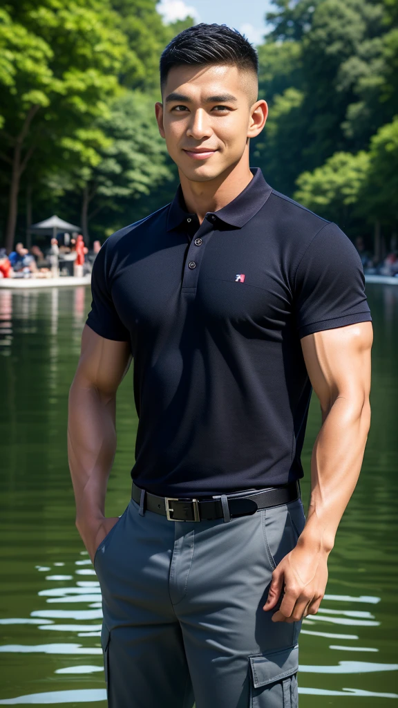 (Create a masterpiece: 1.2),(CGI art:1.3),(realistic:1.5),(After processing:1.3),(Sharp focus:1.3),10,1 man, smile, (Wear a dark gray polo shirt.), Navy cargo pants, Korean guy , korean men, (High gloss details), chest muscles, large arm muscles, blood vessel, Big muscles, Broad shoulders, looking at the audience, Balancing the eyes, rice field