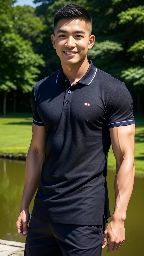(Create a masterpiece: 1.2),(CGI art:1.3),(realistic:1.5),(After processing:1.3),(Sharp focus:1.3),10,1 man, smile, (Wear a dark gray polo shirt.), Navy cargo pants, Korean guy , korean men, (High gloss details), chest muscles, large arm muscles, blood vessel, Big muscles, Broad shoulders, looking at the audience, Balancing the eyes, rice field