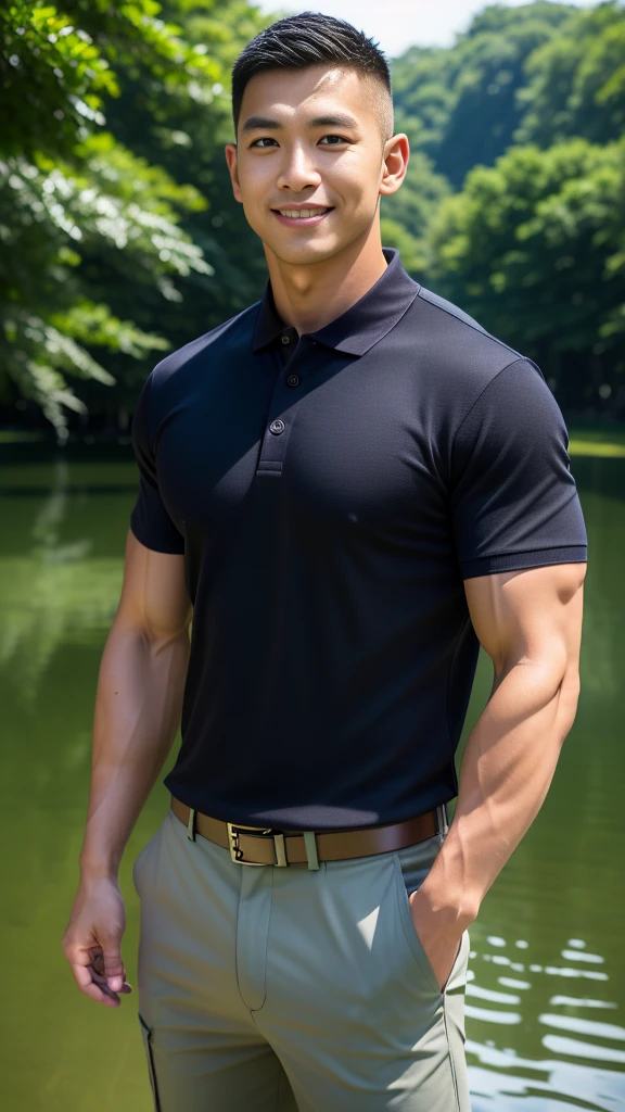 (Create a masterpiece: 1.2),(CGI art:1.3),(realistic:1.5),(After processing:1.3),(Sharp focus:1.3),10,1 man, smile, (Wear a dark gray polo shirt.), Navy cargo pants, Korean guy , korean men, (High gloss details), chest muscles, large arm muscles, blood vessel, Big muscles, Broad shoulders, looking at the audience, Balancing the eyes, rice field