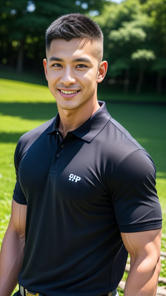 Tony Labrusca, (As a matter of fact, Masterpiece, 8k HD, good light quality, sportswear, fit the face, complicated details), A handsome, muscular young Korean man. , 20 years old, be happy, smile brightly, detailed face, delicate eyes, มองดูsky, Wear a navy tight T-shirt., period, black eyes, Black hair color, ผมsmooth, smooth, outdoor sports, Along the garden, Sunny,sky,Surreal,Superb details,Highest quality,real,
