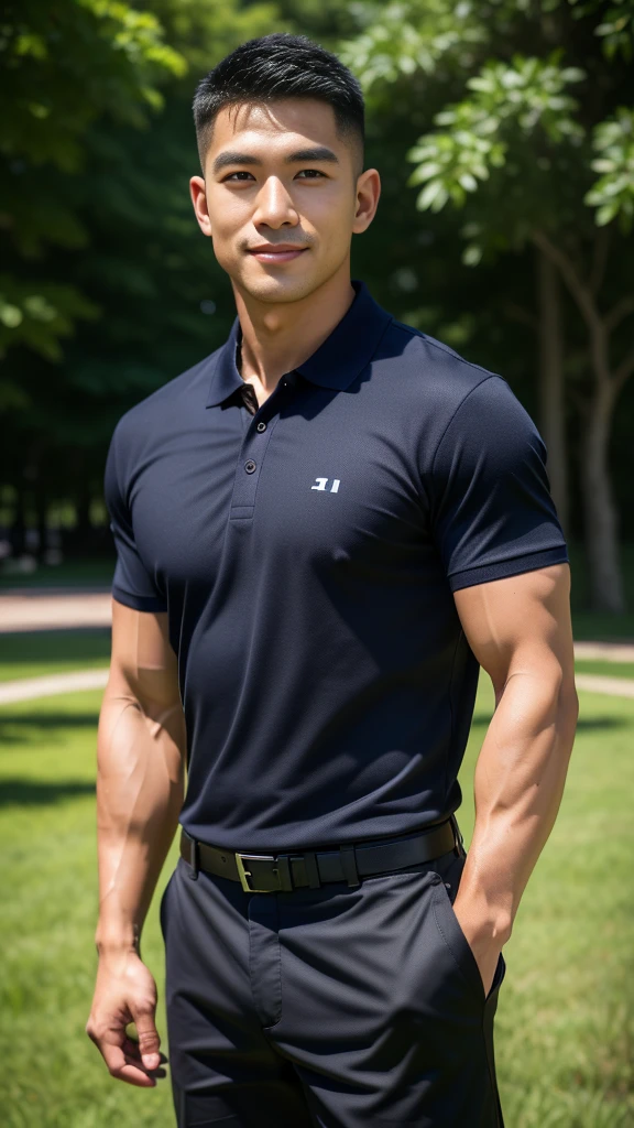 (Create a masterpiece: 1.2),(CGI art:1.3),(realistic:1.5),(After processing:1.3),(Sharp focus:1.3),10,1 man, smile, (Wear a dark gray polo shirt.), Navy cargo pants, Korean guy , korean men, (High gloss details), chest muscles, large arm muscles, blood vessel, Big muscles, Broad shoulders, looking at the audience, Balancing the eyes, rice field