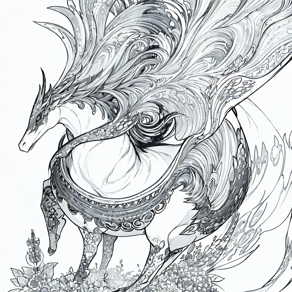 masterpiece, Top-class,only, Dragon Cute , flower Line art background, White Background, Monochrome, Line art, ((sketch)), spooky, White eyes, Merry-go-round, Doodle,