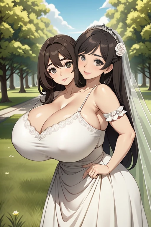 2heads, a very short fat woman with 2 heads. She has enormous breasts. She is wearing a wedding dress. She is wearing a wedding veil. She is outside on a bright day. She has massive breasts. She is smiling wide. She looks very happy. She is blushing. She looks mature and has full lips. She has long dark brown hair. She has gigantic breasts. She looks pleased. Her breasts are enormous.