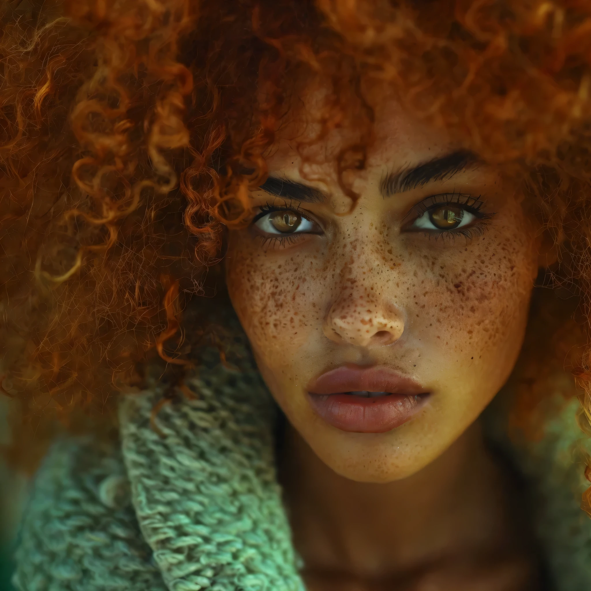 HD, 4K, hyperealistic, mixed race skin woman, Rounded face, stunning frizzy curly oranged color hair, foxy brown eyes