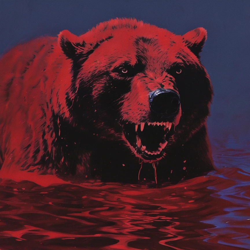 giant horror bear in water, red plain background