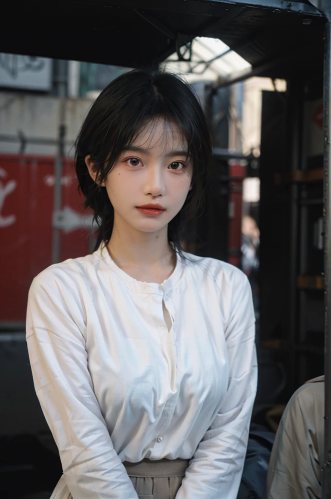 1 girl,Model,Upper Body,short hair,A faint smile,serene, calm,Moles under the eyes,Exquisite eyes, Delicate face,Lipstick,earrings,Hair details, skirt,(Dress conservatively:1.3)(Large Breasts:1.2),outdoor,background,城市background,(Skin details:1.4),(Realistic and detailed eyes:1.2), Natural skin texture, Realistic facial details,Close-up of face,Portrait Photography,(Portrait Photography:1.1), (smooth skin textures:1.3), (Highest quality real skin textures:1.4), Direct vision,Soft dramatic lighting, Vivid details, 35 mm film, (Photo Practical:1.4), (hyper Practical:1.4), (Practical:1.3), (Smoother lighting:1.05), (Improve lighting quality:0.9), (Enhance the beauty of skin texture:1.1), Depth of Field, Bokeh, Surrealism, Ray Tracing, ( Surrealism, High Detail, Chiaroscuro, Ray Tracing, reflected light, Ultra HD, Ultra HD, masterpiece, Textured Skin, Super Detail, High Detail, high quality, best quality