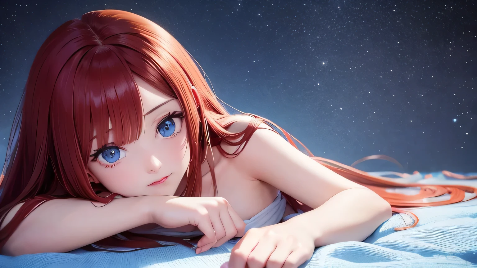 anime girl with long red hair and blue eyes laying down, cute anime girl, splash art anime , anime visual of a cute girl, red anime girl with long hair, in nude, small girl, anime moe artstyle, soft anime illustration, anime girl with long hair, young anime girl