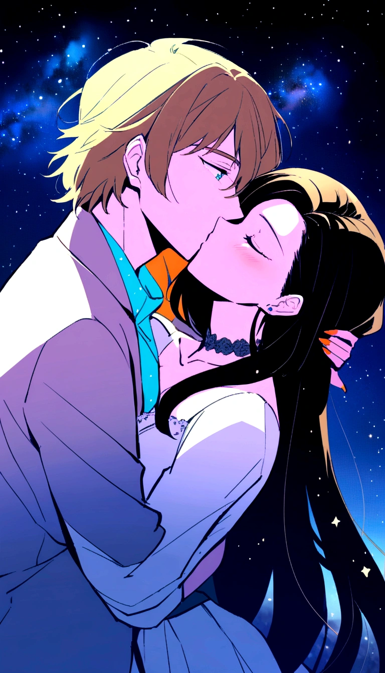 Anime couple kissing under the stars in the sky, Cyril Rolland,