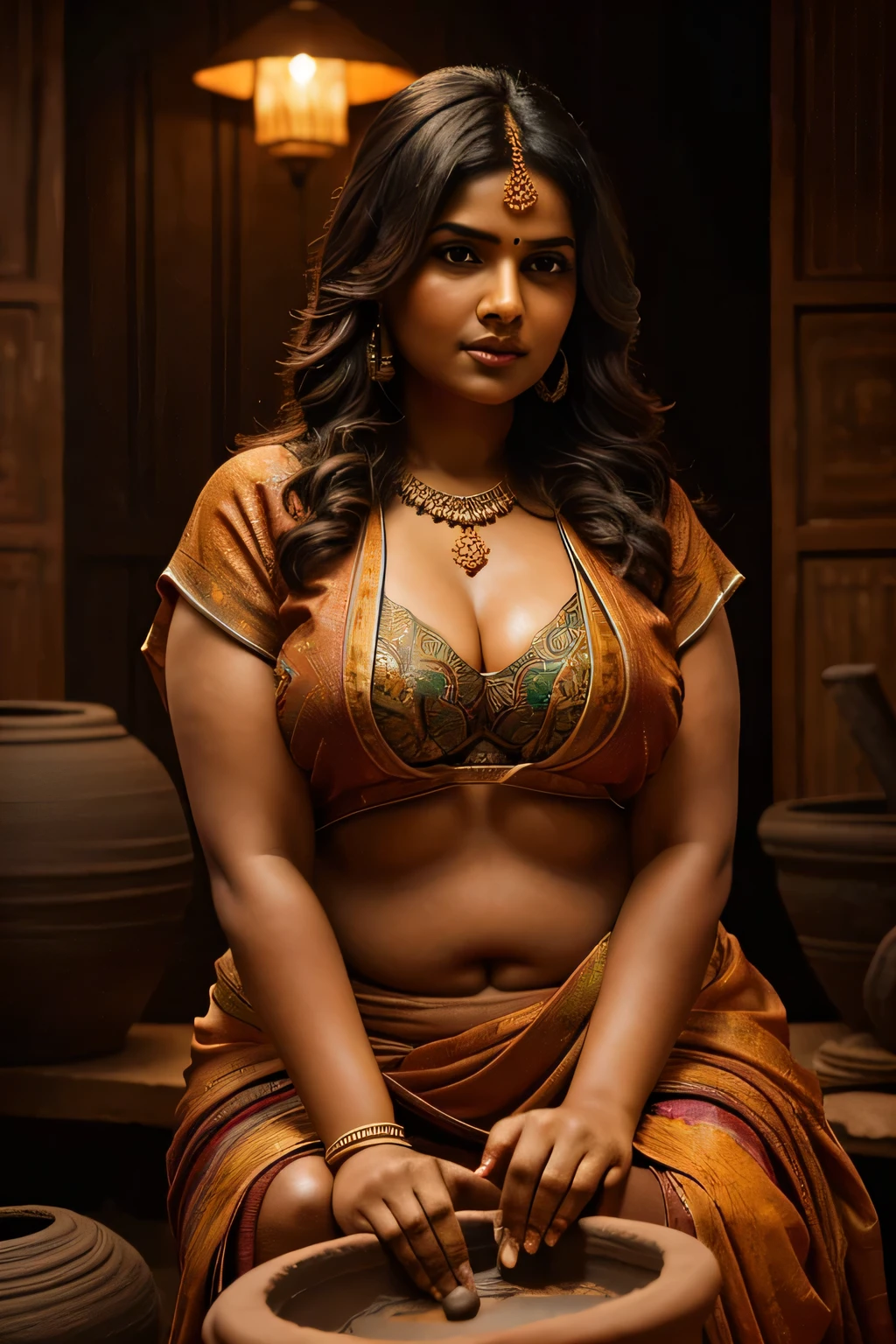 a chubby indian woman making a clay pot on a pottery wheel, wearing a sexy sari, detailed face and eyes, detailed hands, intricate sari patterns, dramatic lighting, photorealistic, ultra-detailed, 8k, high quality, cinematic, warm colors, soft focus, oil painting, portrait