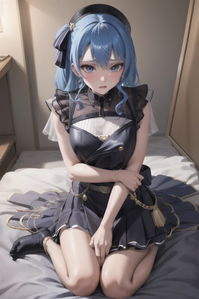 Suisei Homa Town, blue eyes, blue hair, choker, hair between eyes, medium hair, side ponytail, star choker, 
break ascot, asymmetrical legwear, belt, beret, black gloves, blue ascot, blue belt, blue bow, blue choker, bow, button, choker, collared shirt, crown, gloves, gray hat, grey Jacket, grey skirt, have, Jacket, jewelry, knee high, long sleeve, miniskirt, mismatched legwear, partially fingerless gloves, meanwhile, Plaid, Plaid Jacket, Plaid skirt, shirt, シングルknee high, single socks, skirt, skirt set, socks, star choker, star print, thigh strap, uneven legwear, white shirt
BREAK 
embarrassed smile, (鼻をblush), (heart hand, hold one&#39;s hands:1)
masterpieceをブレイクする, highest quality, High resolution, 8K, 超detailedな, super resolution, 非常にdetailedな and beautiful, 非常にdetailedな, 驚くほどdetailed, 非常にdetailedな美少女, 非常にdetailedな顔, 非常にdetailedな目, 非常にdetailedな肌, 非常にdetailedな指, 非常にdetailedな鼻, 非常にdetailedな口, perfectionで非常にdetailedな膣, perfectionな??????? BREAK 全身ショット, idol pose, Raw photo, portrait, Opposition,8K, Raw photo, (masterpiece), (highest quality), High resolution, (realistic, photo-realistic:1.4), ultra detaileded, wonderful_detailed, ultra High resolution, good hand, perfection_???????, realistic,((full body photo)), ((huge breasts, heavy chest,big breasts)), ((huge ass))Plump, Fat ,sunburned skin,small of the waist,perfectionな乳首,dark nipples,dark back alley,wet body,From the side,turn your butt towards me,(crawl on all fours),Hold your butt with your hands from both sides,I can see the anus,anal wrinkles,perfectionなanal wrinkles,perfectionな美しいアナル,big areola,big nipples,round open anus,open the anus wide,from,blush,grab your butt with your hands,open butt tab,show anus,perfectionなまんこ,pubic hair in pussy,don&#39;t show your teeth,close your mouth,blush,thin nose,perfectionな美しい鼻,small nose,panties caught in the knees,Half-taken panties,perfectionなパンティー,Semen drips from her,on the bed