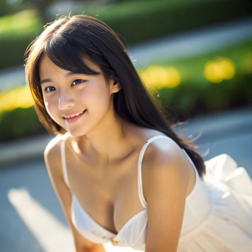 lens: 135mm f1.8,(Highest quality), (Beautiful  Japanese girl),  (Moist lips), Narrow eyes, double eyelid,Delicate clavicle,Flat Chest,Shortcuts,
 (Let me&#39;Let&#39;s take another look),  shame, A faint smile,
(Spotted sunlight:1.2), Dramatic lighting, 
(moving), (Sunburned skin:0.2),Full body photo、Whole body image、Full Body Shot、 figure、、Underdeveloped flat chest、smile、Crouch on the floor、Stand up straight