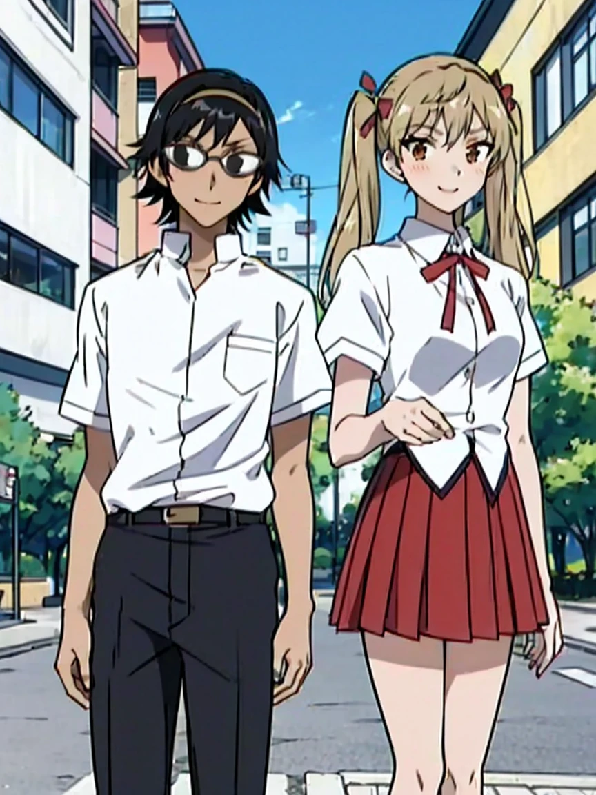 1 boy and 1 girl stand in the street,twintails,sawachika eri, brown eyes, hair ribbon,harimakenji, glasses, ,school uniform, red pleated skirt,eri,hairband, looking_at_viewer, serious, gakuran, white_shirt,smile,happy,two persons