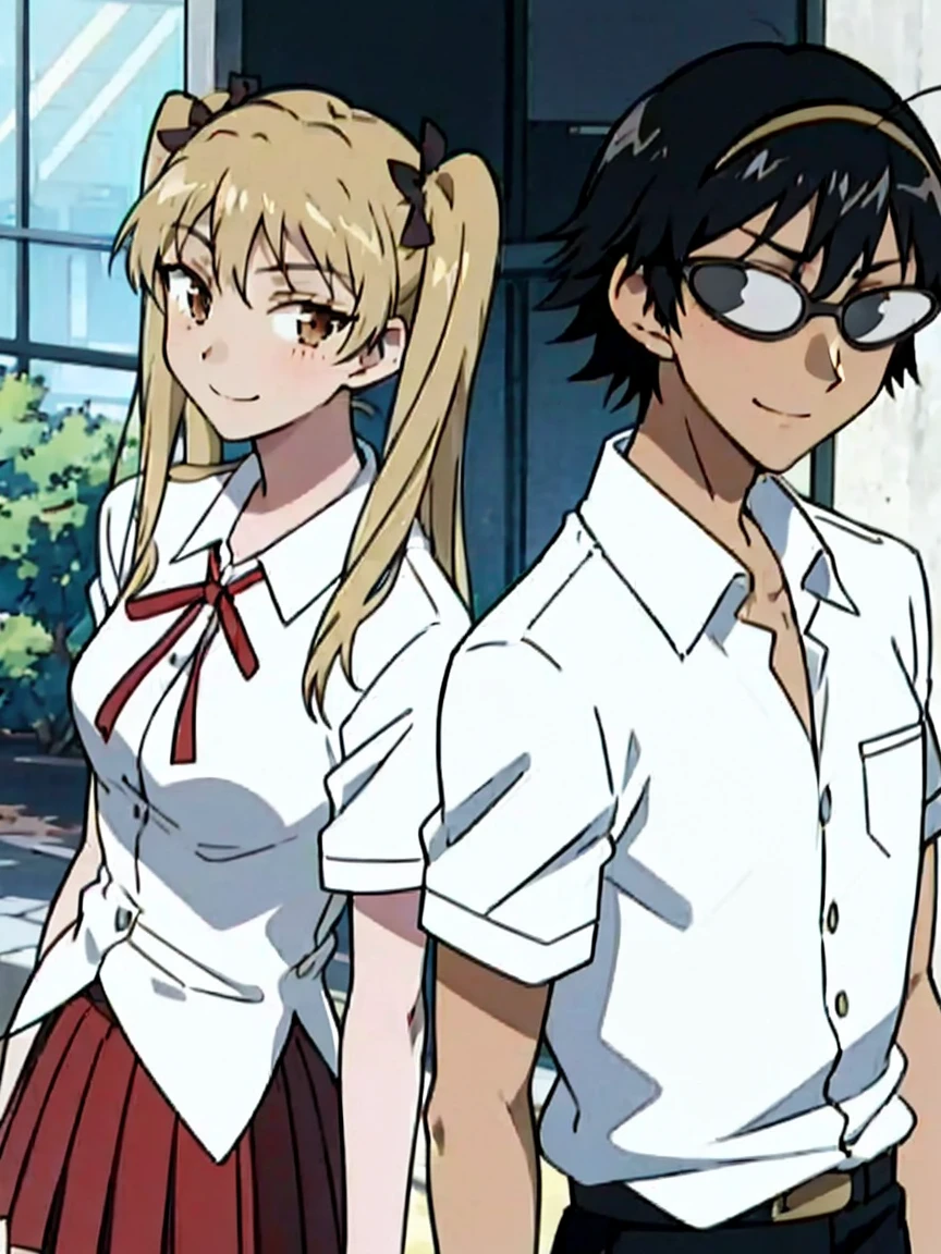 1 boy and 1 girl stand in the street,twintails,sawachika eri, brown eyes, hair ribbon,harimakenji, glasses, ,school uniform, red pleated skirt,eri,hairband, looking_at_viewer, serious, gakuran, white_shirt,smile,happy,two persons