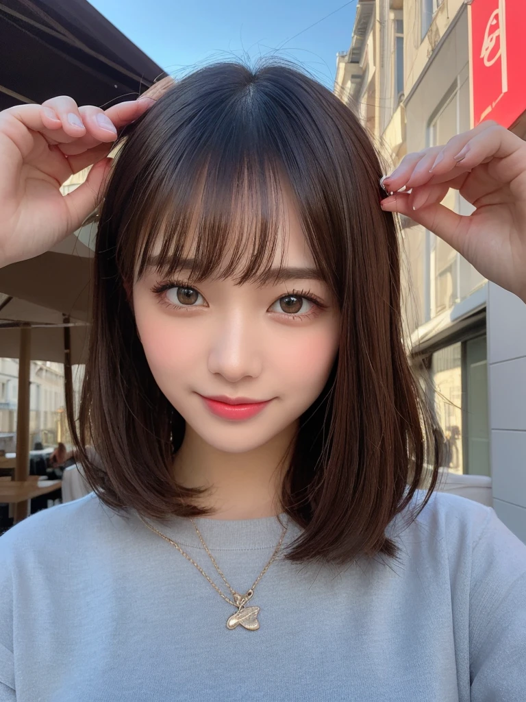 Tabletop, Highest quality, Super detailed, In detail, High resolution, 8k wallpaper, Perfect dynamic composition, Beautiful attention to detail,Short Bob Hair,Small breasts 、A noble brand of clean, oversized clothing、Natural color lip, Bold sexy pose,smile,20-year-old girl、cute、sexy shot looking at camera、High angle shot、tongue、teeth、Curvy but slim、Apple Watch、bracelet、Wink、cheek、Natural Makeup、Paris Fashion Week、actor、Looking up、Thin eyebrows、hair accessory、Shimokitazawa、plant、Use something sexy、Show your side