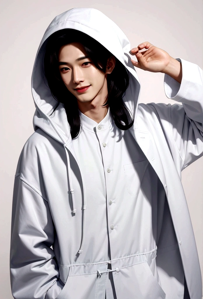 A man smiling and showing his teeth. Shiny hair. Permed hair. (Fair Skin),(Knowing),Iris,(Gender: Natural Face),Long Body,Handsome Asian Man, Short and Clean Hair, ((Center Part)), White Lab Coat with Black Hoodie Underneath, Calm and Confident Expression, Cool, Plain White Background, Portrait, High Quality, Details,30s, Shin Jin Young, , Lee Won Bin, The background is plain white.