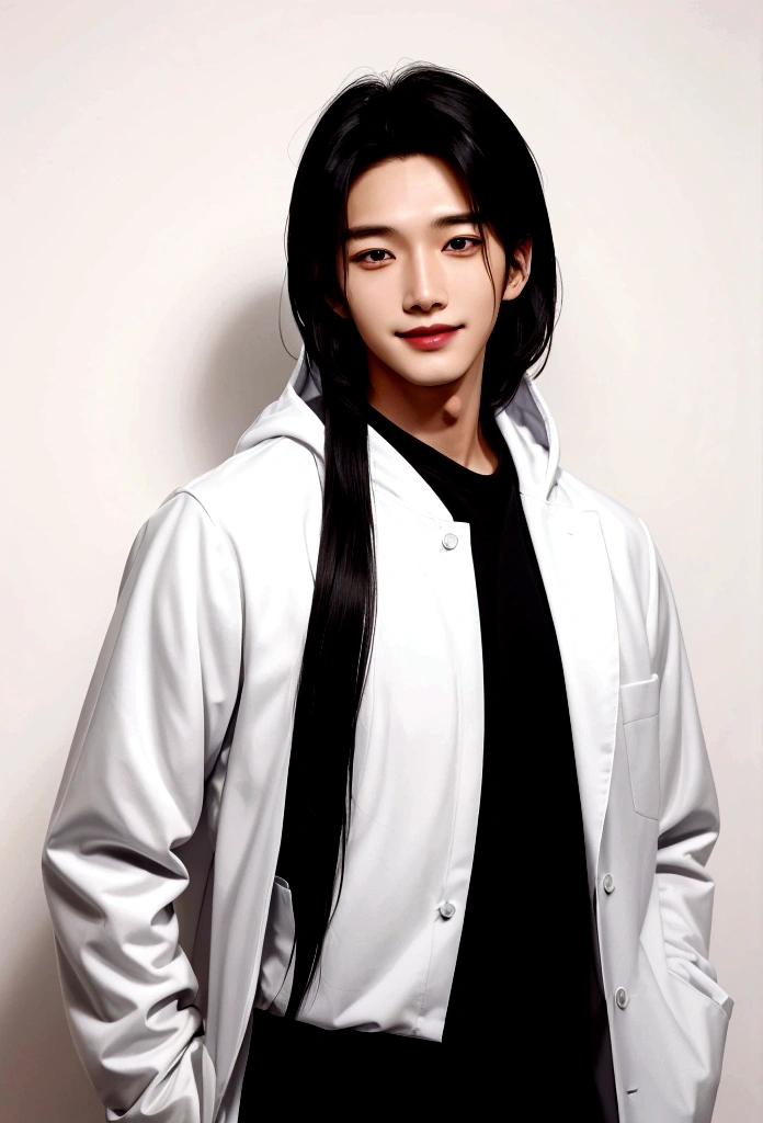 A man smiling and showing his teeth. Shiny hair. Permed hair. (Fair Skin),(Knowing),Iris,(Gender: Natural Face),Long Body,Handsome Asian Man, Short and Clean Hair, ((Center Part)), White Lab Coat with Black Hoodie Underneath, Calm and Confident Expression, Cool, Plain White Background, Portrait, High Quality, Details,30s, Shin Jin Young, , Lee Won Bin, The background is plain white.