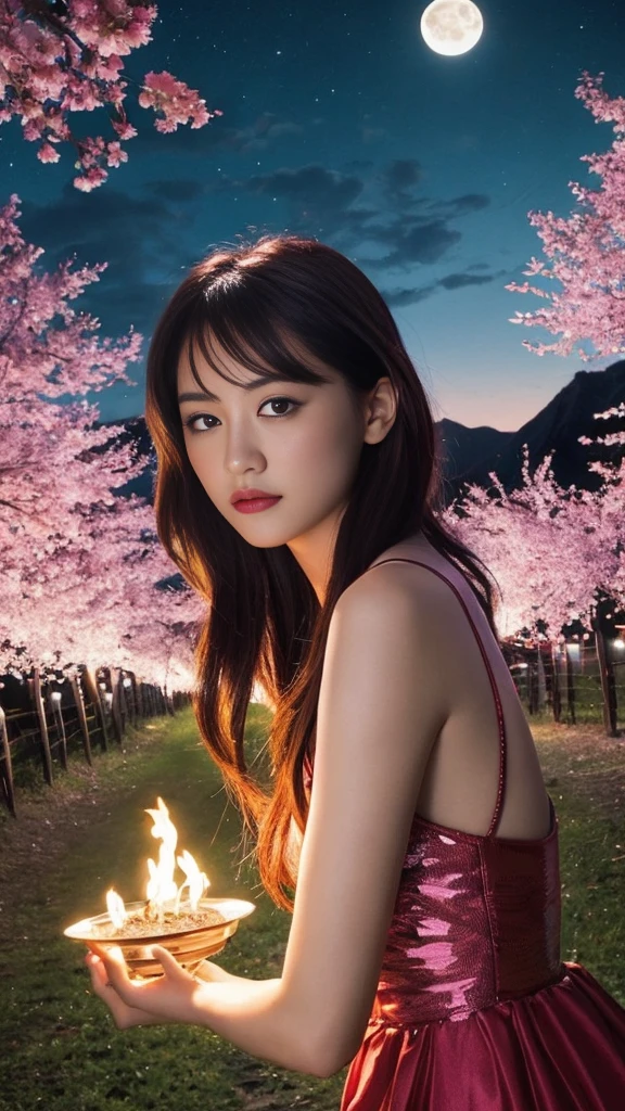 masterpiece, 最high quality, night, Mountain, full moon, Long black hair, woman, fire Fly, performer, Mysterious cherry tree, Pink leaves, high quality, Beautiful graphics, High detail