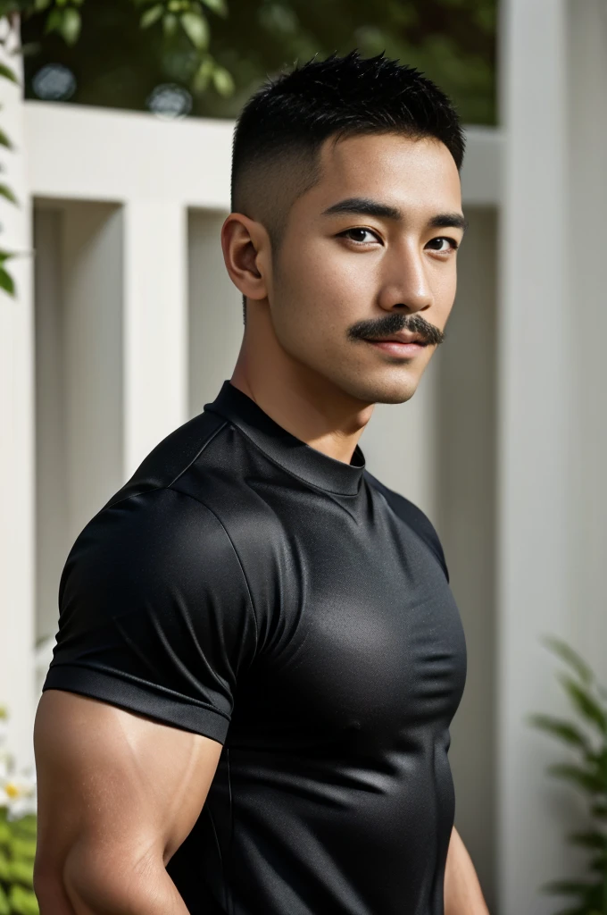 Masterpiece, best quality, high resolution, realistic, handsome, Take beautiful photos, Sayk, NRF, Photo of the 35 year old gym association (The man has a thin mustache.:1.2) Portrait, standing in the garden , make military media, weight, Amazing , Buzzcut short hair,stubble head , (Hyper Muscle),looking at the audience, Flirt with the camera, charming, (Tight black exercise shirt ),(GS-Male:1), 8K,Bokeh,Portrait,look at the viewer,