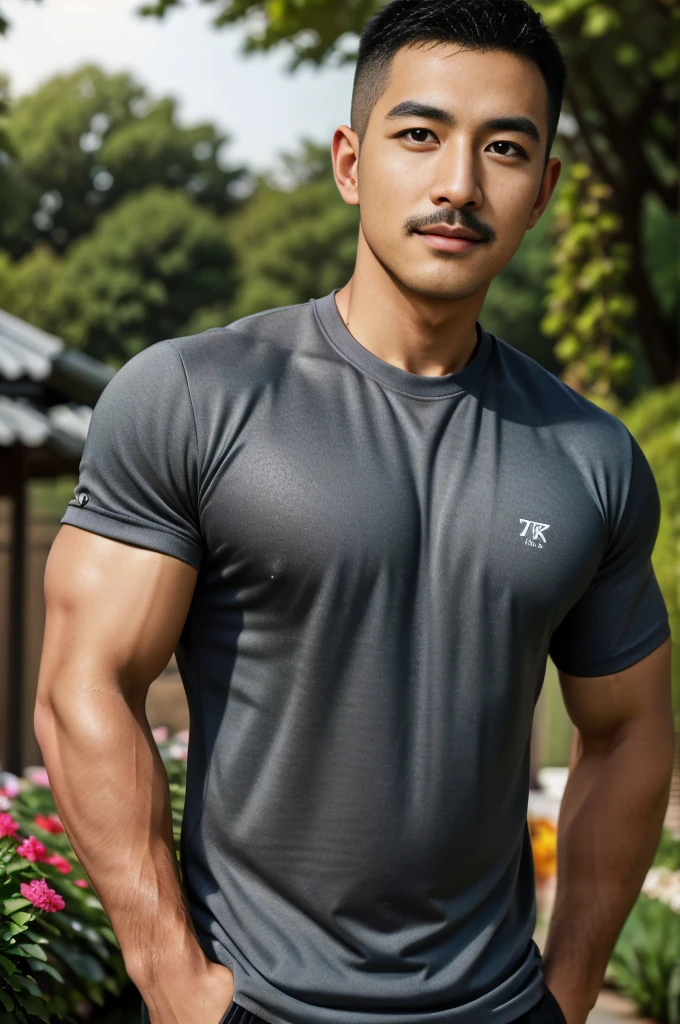 Masterpiece, best quality, high resolution, realistic, handsome, Take beautiful photos, Sayk, NRF, Photo of the 35 year old gym association (The man has a thin mustache.:1.2) Portrait, standing in the garden , make military media, weight, Amazing , Buzzcut short hair,stubble head , (Hyper Muscle),looking at the audience, Flirt with the camera, charming, (Tight black exercise shirt ),(GS-Male:1), 8K,Bokeh,Portrait,look at the viewer,