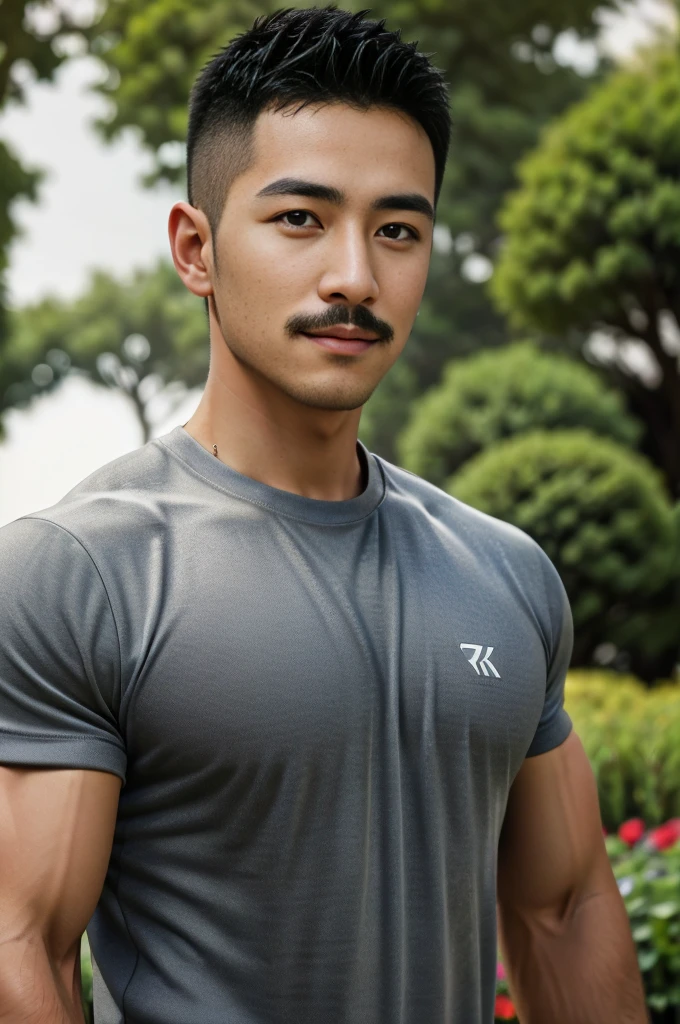 Masterpiece, best quality, high resolution, realistic, handsome, Take beautiful photos, Sayk, NRF, Photo of the 35 year old gym association (The man has a thin mustache.:1.2) Portrait, standing in the garden , make military media, weight, Amazing , Buzzcut short hair,stubble head , (Hyper Muscle),looking at the audience, Flirt with the camera, charming, (Tight black exercise shirt ),(GS-Male:1), 8K,Bokeh,Portrait,look at the viewer,