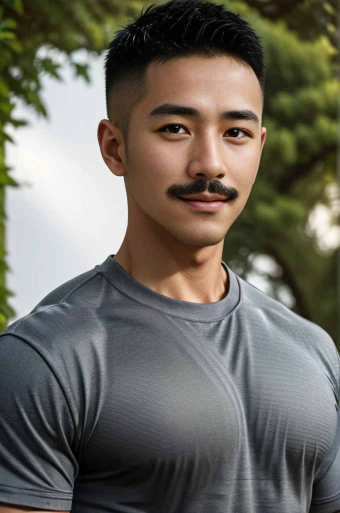 Masterpiece, best quality, high resolution, realistic, handsome, Take beautiful photos, Sayk, NRF, Photo of the 35 year old gym association (The man has a thin mustache.:1.2) Portrait, standing in the garden , make military media, weight, Amazing , Buzzcut short hair,stubble head , (Hyper Muscle),looking at the audience, Flirt with the camera, charming, (Tight black exercise shirt ),(GS-Male:1), 8K,Bokeh,Portrait,look at the viewer,