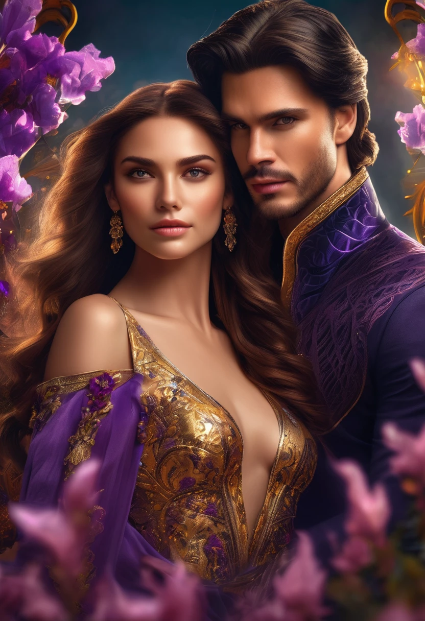 (Artwork, ultra quality, high resolution, 8K, intricate: 1.2) photorealistic Epic romantic fantasy book cover, in the center HALF-BODY COUPLE. spring dark romantic fantasy in the center beautiful long half body man with medium black hair and black clothes, ultra-detailed beautiful faces, and beautiful lady in elegant and sensual gold gold color dress, she has long golden hair proportional, soft, sparkling, ultra-detailed beautiful faces ,BoKEH day,fairytale magic,mysterious,clear spring color scheme,(best quality,8K,High resolution,Artwork:1.2),ultra-detailed,(realistic,photorealistic,photorealistic:1.37), portrait,Creative style art,Historic,Classic,Sophisticated,infinity of colors,highly detailed,soft lighting,luxurious atmosphere,detailed dress,vibrant flowers,detailed jewelry,ethereal atmosphere,elegant pose,graceful curves,Golden body proportions,loose hair ,Breathtaking textile patterns,Severe purple eyes,Withered flower decoration,A dazzling array of crystal accessories,Mysterious and dreamy atmosphere,impeccable attention to detail.