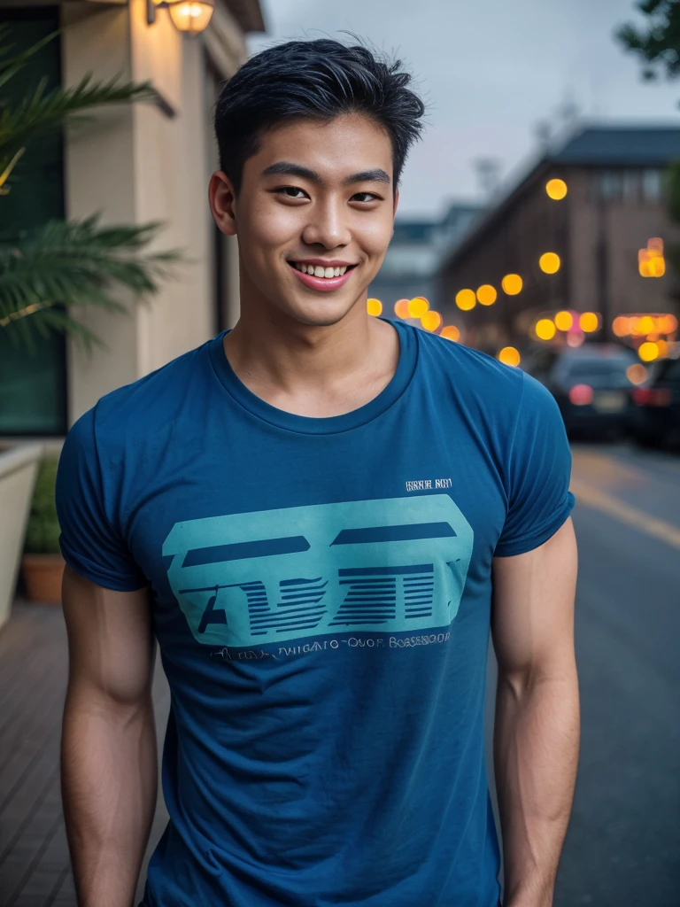 (best quality, 4K, 8K, high resolution, Masterpiece: 1.2), Special details, (realistically, As realistic as a photo, photo realistic: 1.37), Edge lighting, Extra detailed coloring, sharp focus, Physical rendering ,Extremely detailed description,professional,light color,Bokeh,Portrait,look at the viewer,
Young Asian man, 20 years old ,(Wear a dark blue t-shirt.), smile