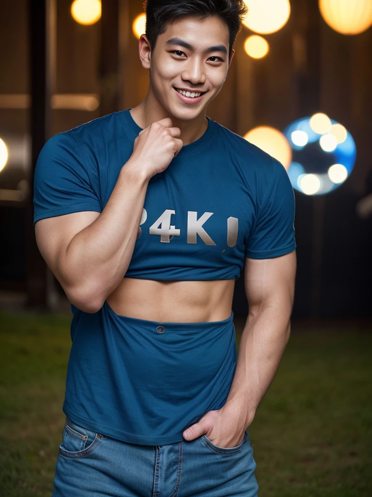 (best quality, 4K, 8K, high resolution, Masterpiece: 1.2), Special details, (realistically, As realistic as a photo, photo realistic: 1.37), Edge lighting, Extra detailed coloring, sharp focus, Physical rendering ,Extremely detailed description,professional,light color,Bokeh,Portrait,look at the viewer,
Young Asian man, 20 years old ,(Wear a dark blue t-shirt.), smile