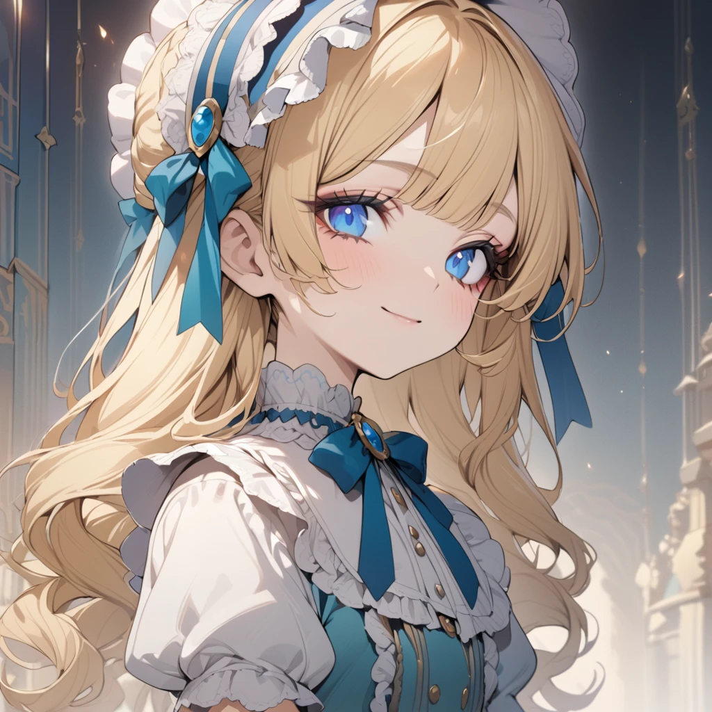 Blonde hair,sidecurls,curls,blue eyes,long eyelashes,light blue victorian dress,puffy short sleeves,frilled dress,frilly wide brimmed Bonnet with bows,fringe bangs,bustshot,masterpiece,highress,soft smile,bishoujo,peterpan collar,sideview,