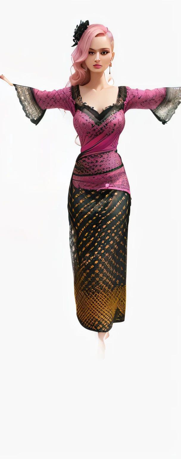 a close up of a woman in a pink and black dress, modeled in poser, idian dress, dress and cloth, detailed clothes texture, marvelous designer 3d rendered, long dress female, with 3d render, with 3 d render, cloth simulation, long dress with apron, clothes high detail, designed in blender, sarong, detailed cloth, untextured