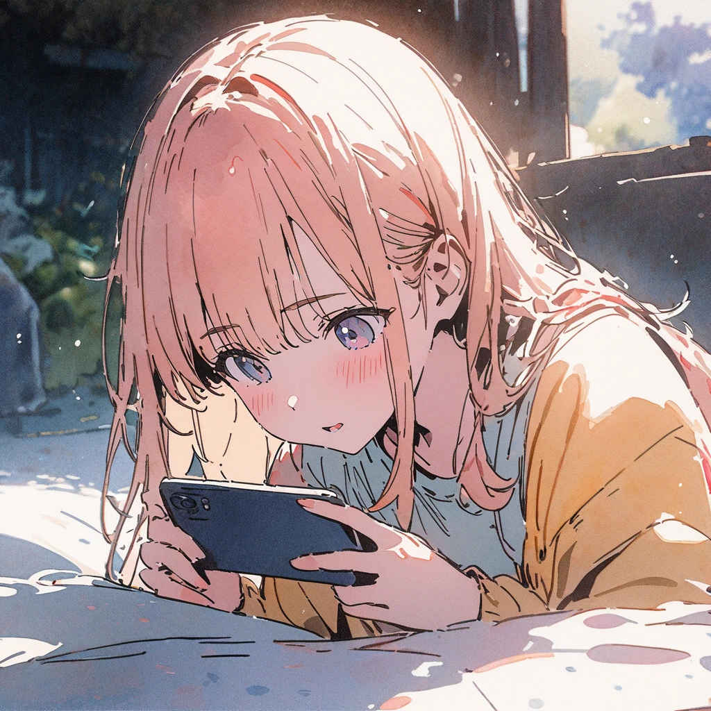 masterpiece,最high quality,Super detailed,High resolution backgrounds,8K,High Resolution,high quality,break,Japanese manga style, sketch, Watercolor Colors,[Girl using a smartphone]