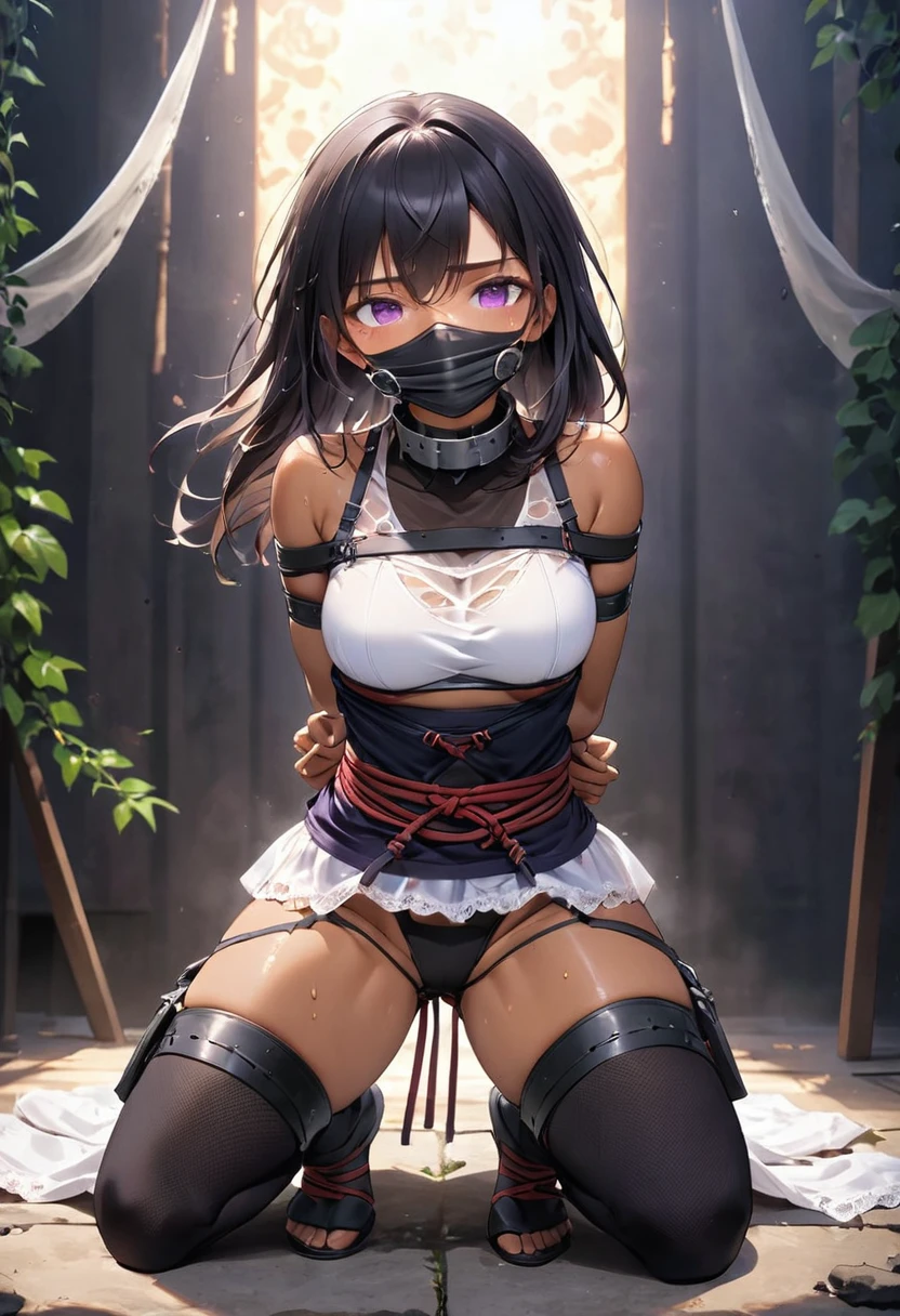 Straight black hair, (((Dark Skin))), ((Latin)), Purple Iris, Delicate eyes, Delicate face、(((Sweating with aphrodisiac、The aphrodisiac circulates throughout the body、On the brink of climax)))、White mesh top、Torn mesh、Mesh bottom、Subtly erotic、See-through with sweat、(((capture d ninja、Bound Ninja、Full body bondage、ロープによるConstraints、Constraints、Kneel、Hands tied behind back、Gagged with cloth、Iron Collar)))