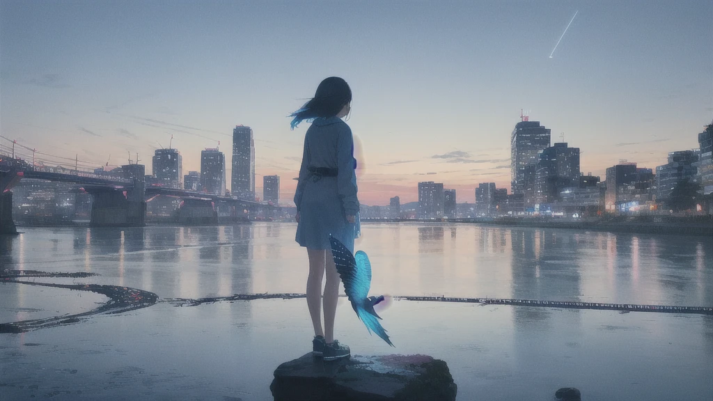 真っ暗なnight空,Octane, star (null), scenery, Blue parakeet,The acoustic guitar is in front of the body.,star, night, Girl, Back view, Outdoor, city,river,Blue parakeet,building, cloud, 天のriver,silhouette