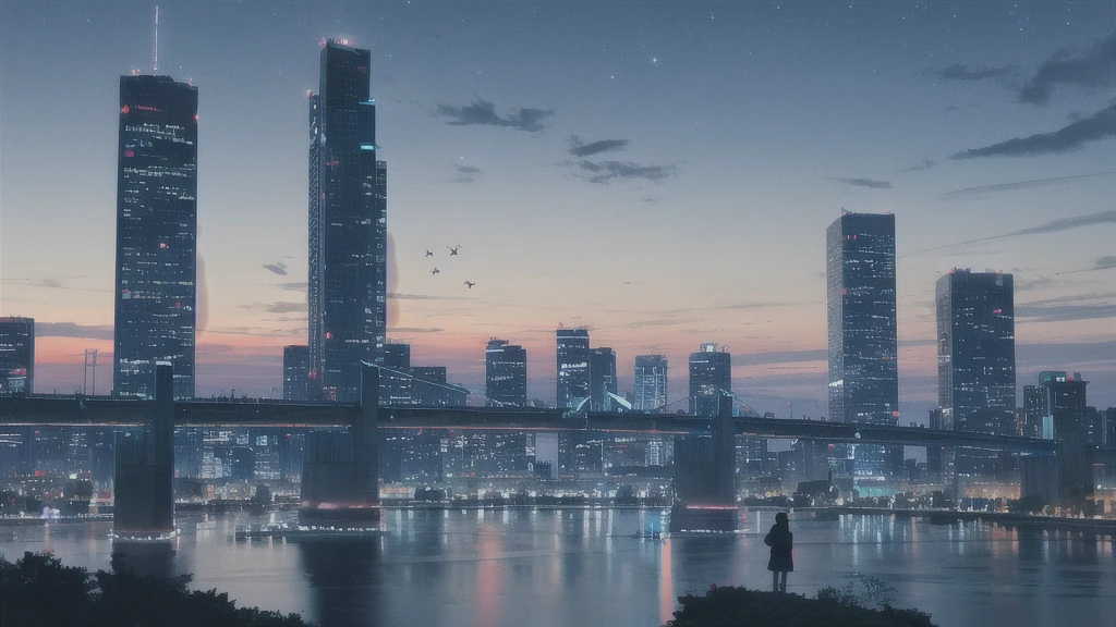 真っ暗なnight空,Octane, star (null), scenery, Blue parakeet,The acoustic guitar is in front of the body.,star, night, Girl, Back view, Outdoor, city,river,Blue parakeet,building, cloud, 天のriver,silhouette