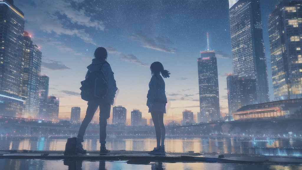 真っ暗なnight空,Octane, star (null), scenery, Blue parakeet,The acoustic guitar is in front of the body.,star, night, Girl, Back view, Outdoor, city,river,Blue parakeet,building, cloud, 天のriver,silhouette