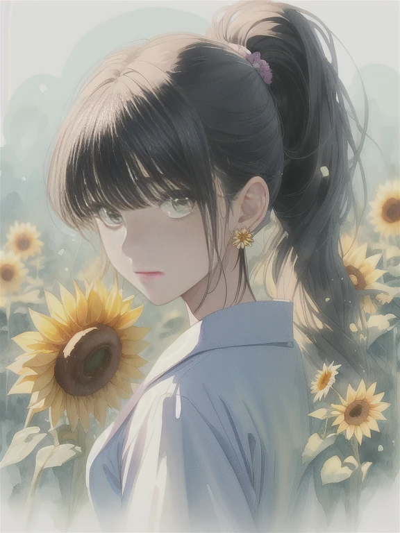 (watercolor:1.2),One girl, alone, flower, sunflower,freckles, Portraiture, leaf, bangs, sign, yellow flower, Black Hair, Long Hair, ponytail、Green Eyes, Hair between the eyes, flower earrings