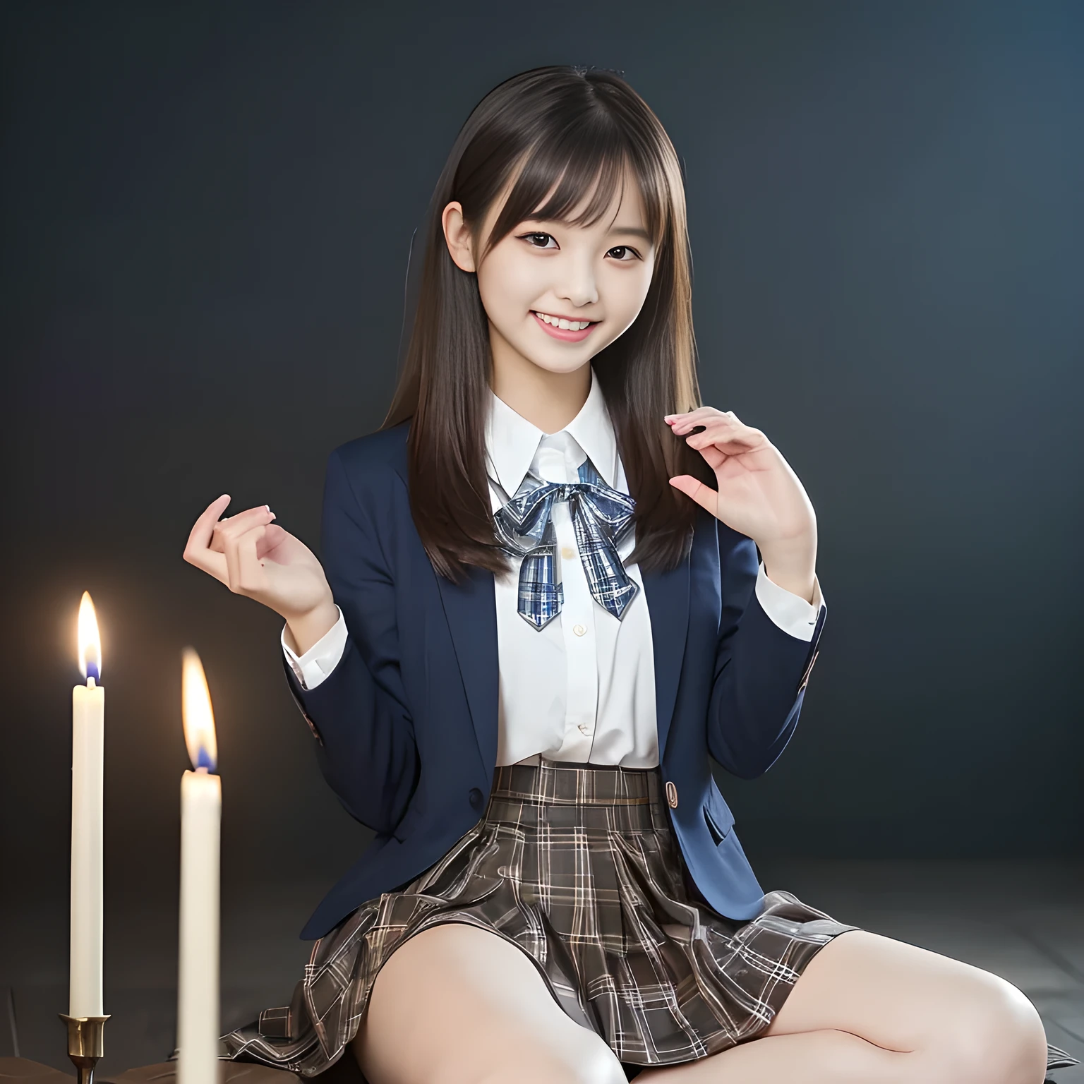 (highest quality, masterpiece:1.2), highest quality, High resolution, 1080P, 8K, Height: 158cm, ((A noble and intelligent girl like Japanese cute girly lady is hypnotizing and giggling, A very sweet, very noble, pretty and neat Japanese beautiful cute girl. Realistic very girly sweet cute noble girl like a princess is seated in many evil candles)), ((Completely black room with candles)), ((((14 years old, popular Japanese cute fashion model)))), ((((Extremely pure white face and hands and legs)))), Glossy lips, (Evenly cut bangs), ((Very beautifully laughing brown drooping gooey cute neat noble eyes)), ((straight black very very long straight hair)), Very lustrous, glossy lips, Open hand over open mouth, Beautiful straight hair like a hair model, Watching the viewer and laughing, ((Incredibly well organized, The expression is rich. plump and beautiful white skin and face)), ((Pure and clear sweetly smiling eyes)), ((smiling at me)), Glossy Lips, ((noble and neat)), ((Like a succubus is fascinating with magic and giggling)), ((((A succubus is fascinating and calling to the deeper place forever)))), Extremely beautiful blue skirt, ((highly up-curved lips)), ((looking at the viewer directly)), white hands, ((Navy Japanese school blazer, Navy and sapphire blue Japanese school uniform tartan checkered pleated long skirt, Blue string ribbon tie)), ((((An ecstatic face expression of boundless joy)))), ((black background))