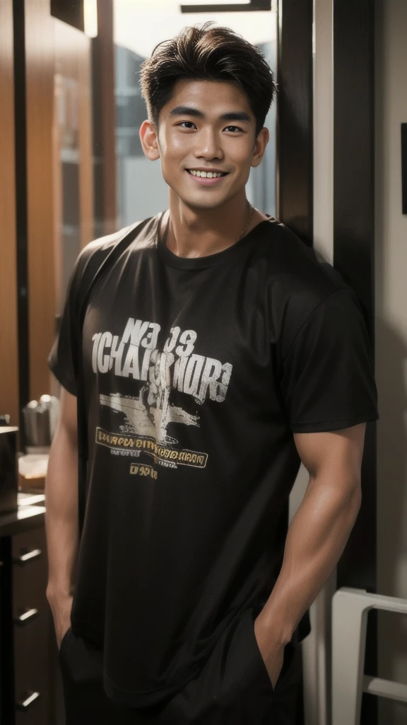Thai man, handsome, muscular, big muscles, broad shoulders, male model wearing a black t-shirt, standing and smiling.