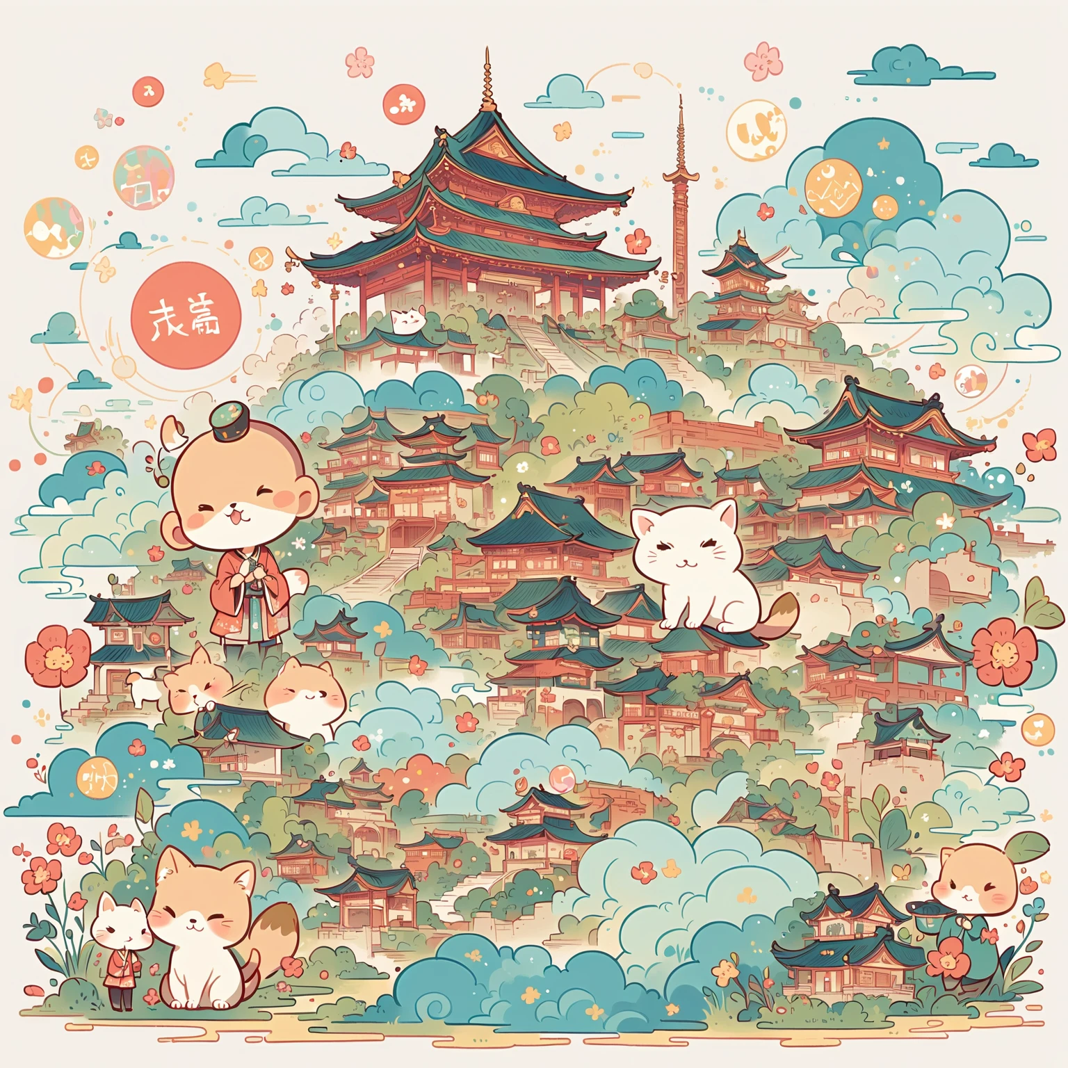 Fuji chocolate style, kimono, white hair, whole body, Light, temple, torii, Cat, Simple background,simple line acronym, sticker, 8K, Nizi,