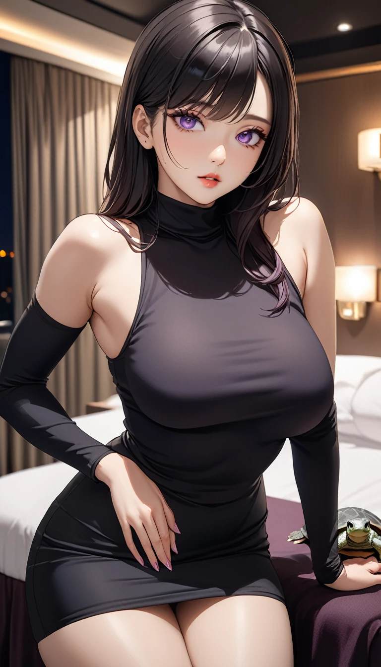masterpiece, high resolution, beautiful woman, Korean Beauty, 30 years old, black sleeve less turtle neck, mini pencil skirt, beautiful woman, night hotel, looking at me, (high resolution face), (high resolution eyes), (high quality eyes), black hair, purple eyes, little curvy