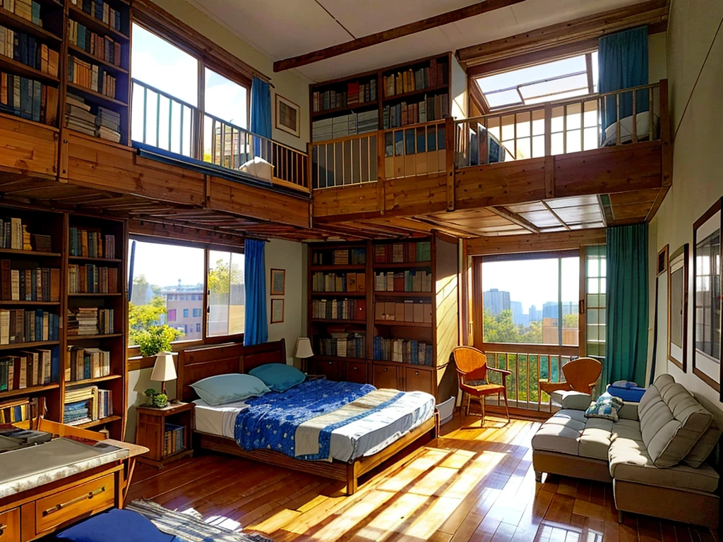 8K picture quality，Best quality，masterpiece，HD，Super rich detail，detailed，Comfortable bedroom，Large Windows，Floor-to-ceiling windows，big bed，There are pillows on the bed，Quilt，Essas roupas，notebook，There is a cabinet next to it，There are bookcases，There is a table，There are chairs，There are flowers，There is a wardrobe，There was a sofa，There are carpets，There are many books，Overall very comfortable，extremely clean，very useful，Large Windows，The scenery outside the window，There are various other flowers，and vegetable garden，There are a variety of vegetables inside，超HD真实感，Live photos，The overall color is mainly blue-green，Strong realism