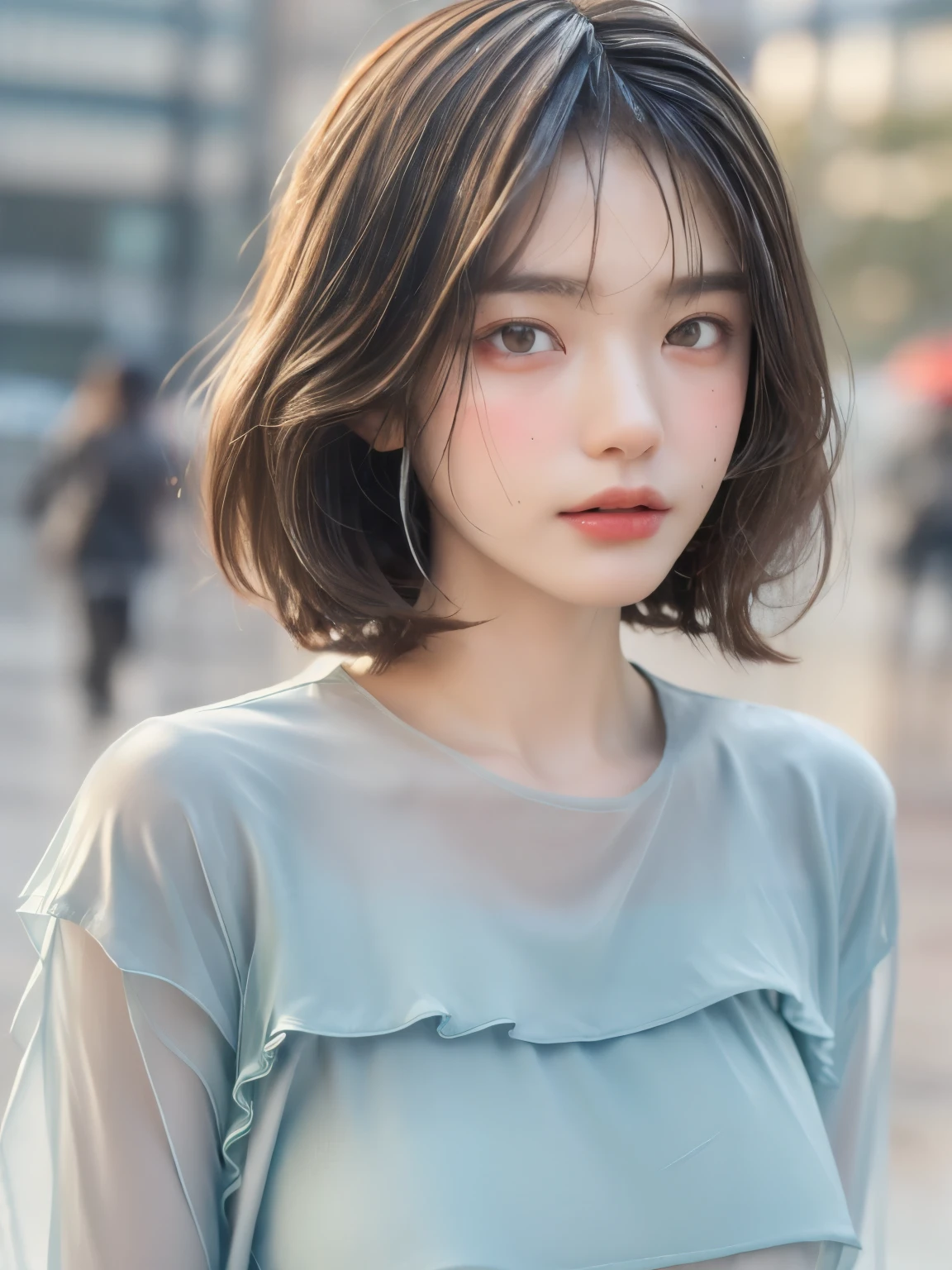 ((Best Quality, 8K, Masterpiece:1.3)), Focus: 1.2, Perfect Body Beauty: 1.4, Buttocks: 1.2, ((Layered Haircut, large Breasts: 1.2)), (Wet Clothes: 1.1) , (Rain, Street:1.3), Bandeau Dress: 1.1, Highly Detailed Face and Skin Texture, Delicate Eyes, Double Eyelids, Whitened Skin, Long Hair