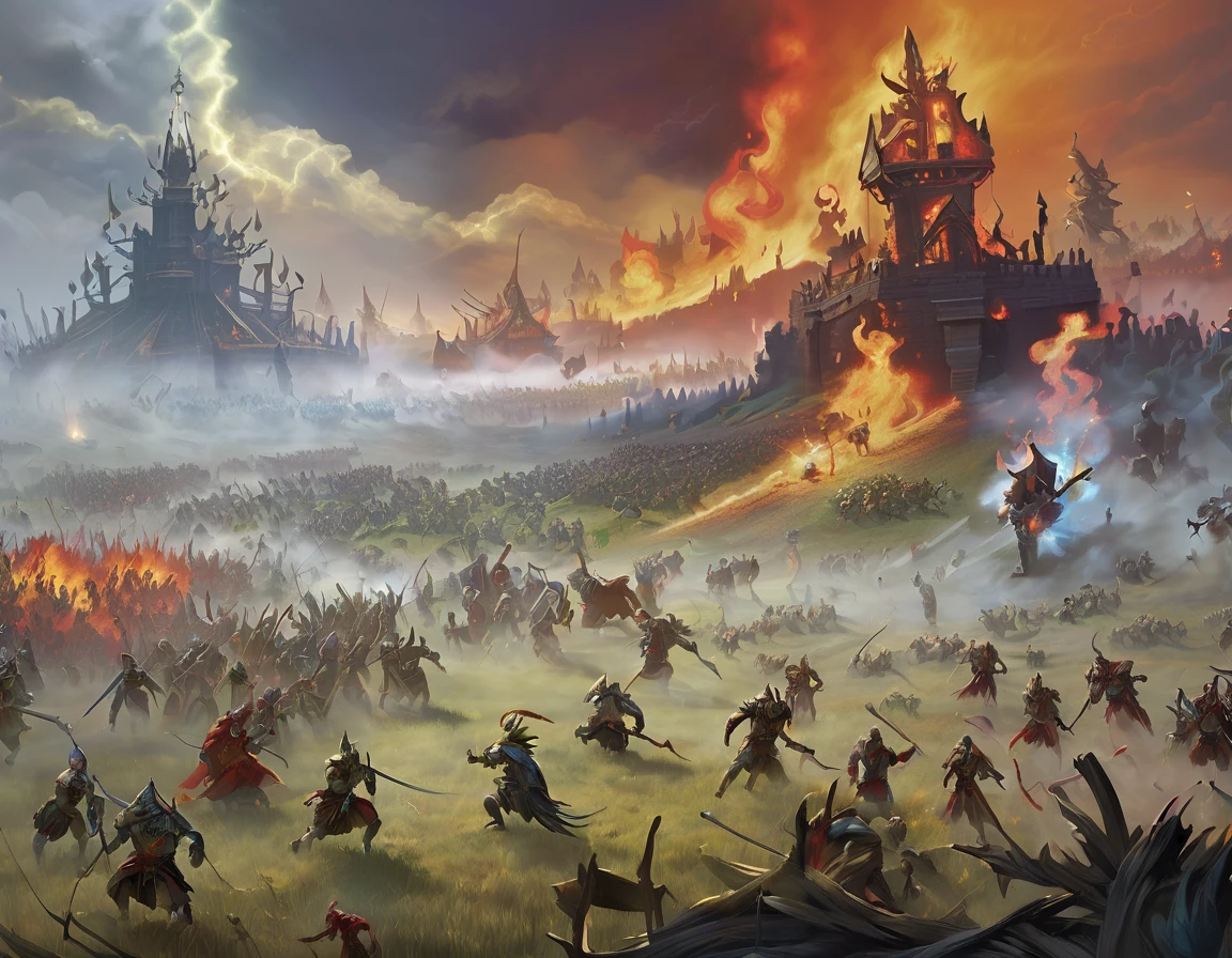 field of battle, Various creatures, massacre, diamonds, Mediovale, humanoid creatures attacking villagers, fog and fire