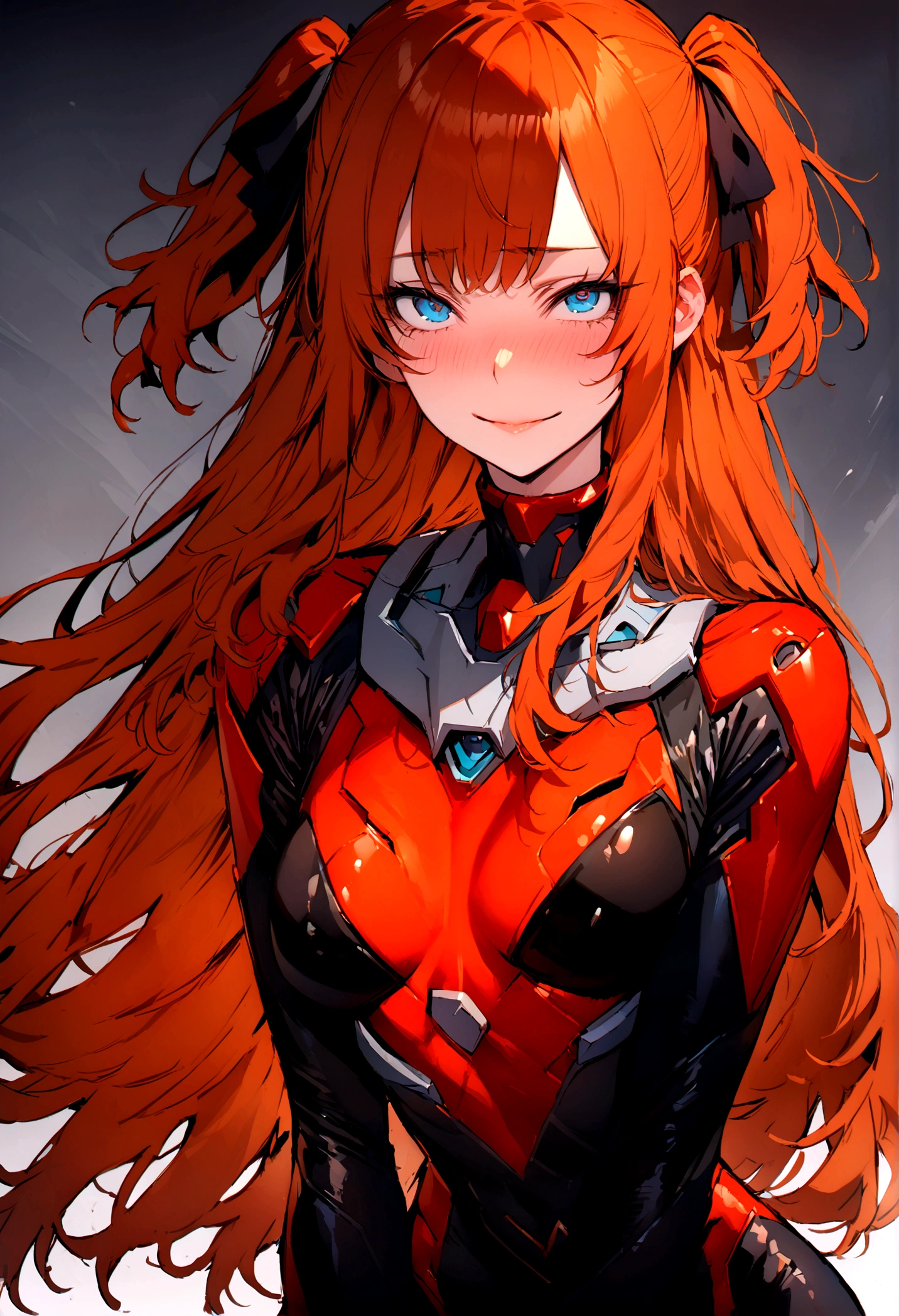 (masterpiece), best quality, expressive eyes, perfect face, 1girl, solo, blue eyes, dark orange Hair, Loose hair, hair ribbon, long hair, black ribbon, sidelocks, bangs two side up, smile, black and red skin-tight battle suit, slim figure, looking at viewer