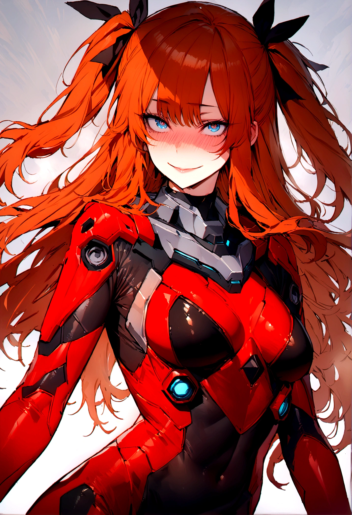 (masterpiece), best quality, expressive eyes, perfect face, 1girl, solo, blue eyes, dark orange Hair, Loose hair, hair ribbon, long hair, black ribbon, sidelocks, bangs two side up, smile, black and red skin-tight battle suit, slim figure, looking at viewer